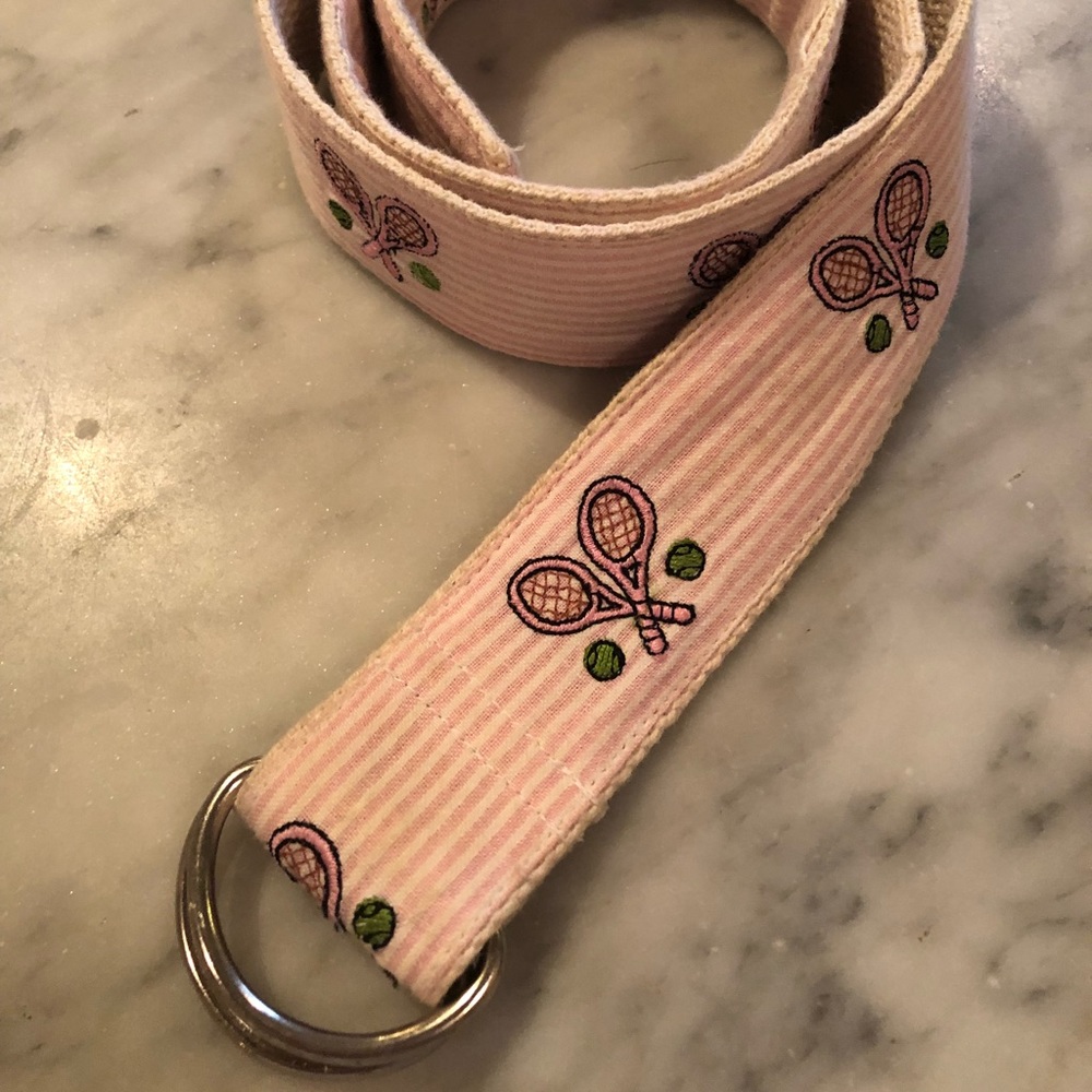 LILYPOD pink & white striped belt w tennis rackets